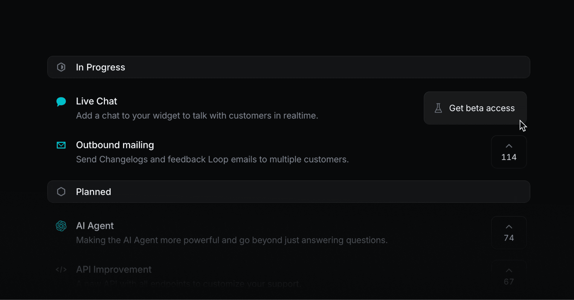 Feedback portal showing beta access button on roadmap items